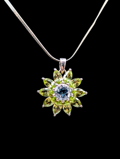 Vintage Genuine Peridot and Topaz Flower Pendant Herringbone Sterling Silver Necklace