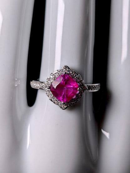 Vintage Genuine Hot Pink Topaz Solitaire and Simulated Diamond Halo Sterling Silver Ring