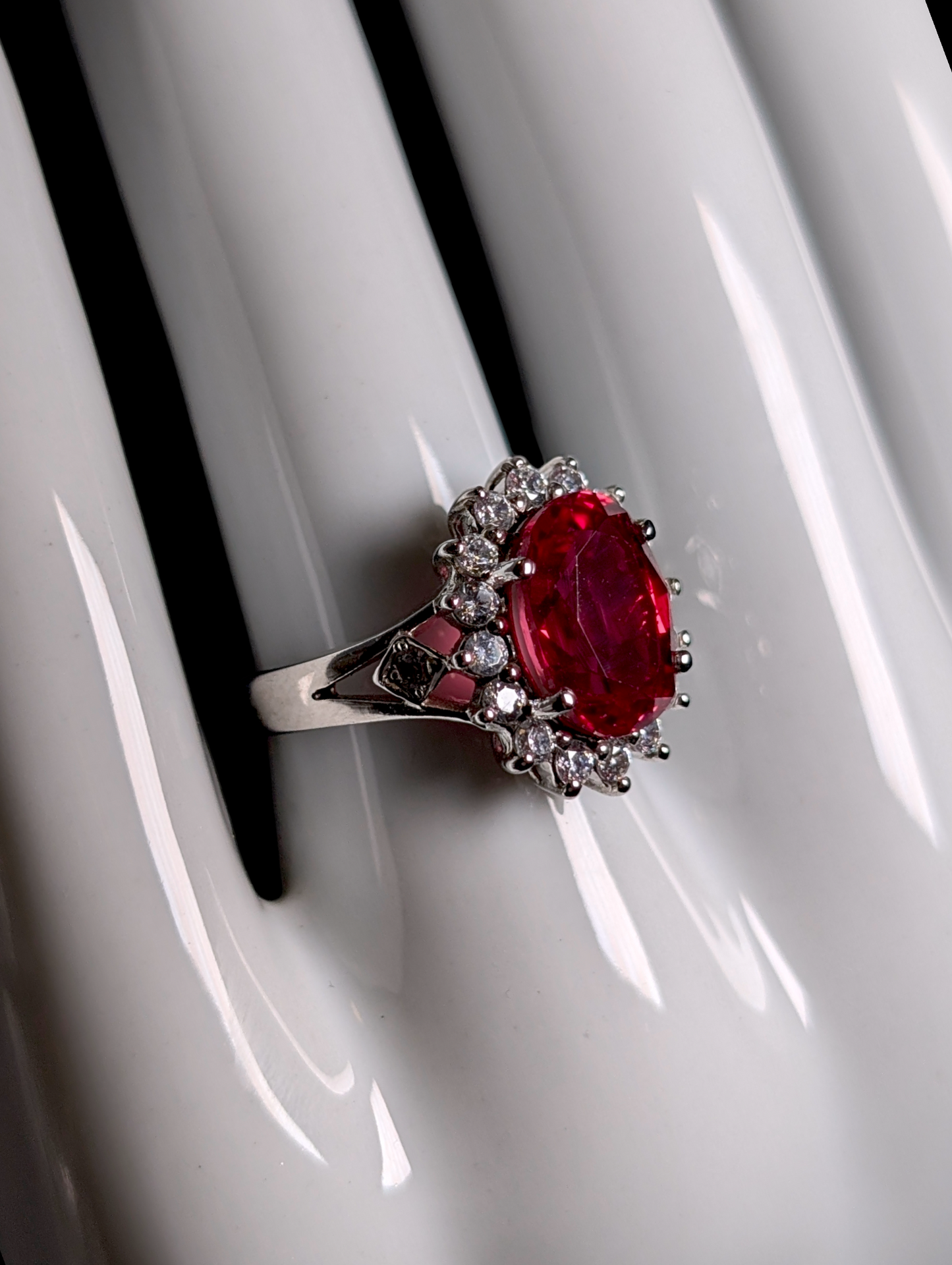 Vintage Oval Cut Genuine Ruby Solitaire with Simulated Diamond Halo Sterling Silver Statement Ring