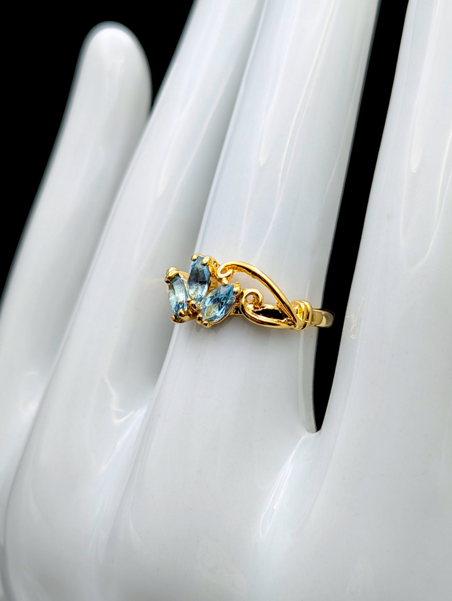 Vintage Simulated Swiss Blue Topaz Filigree Gold Tone Dainty Ring