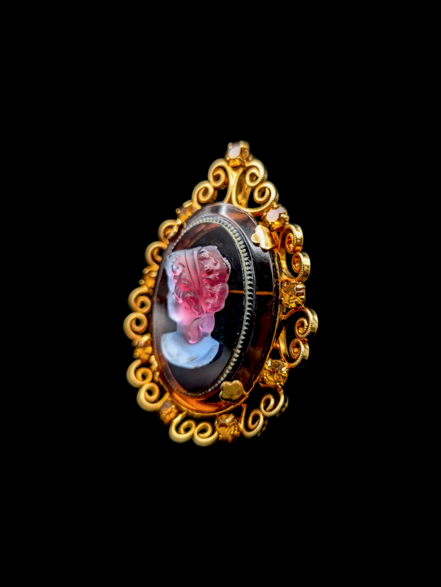 1960s Juliana D&E Celebrity NY Amber Glass Iridescent Cameo with Gold Filigree and Orange Rhinestone Brooch Pin Pendant