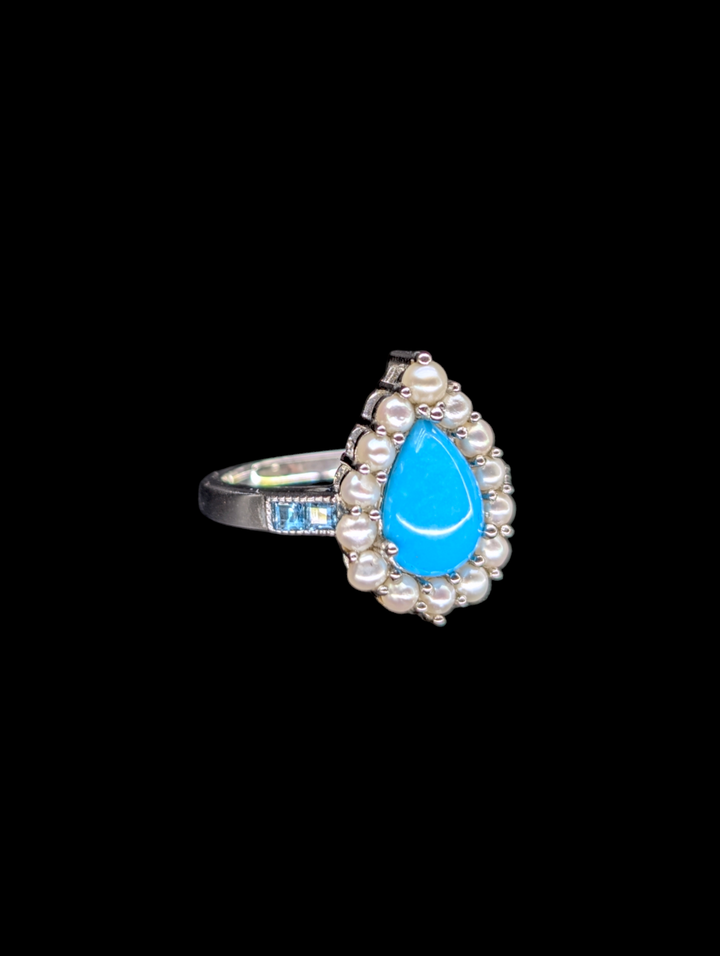 Vintage Pear Cut Genuine Sleeping Beauty Turquoise, Sky Blue Topaz and Cultured Pearl Halo Sterling Silver Ring