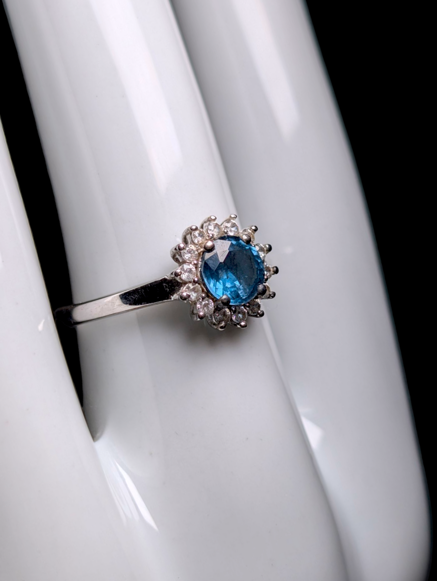 Vintage Dainty Round Cut Genuine Blue Topaz Solitaire with White Zircon Halo Sterling Silver Ring