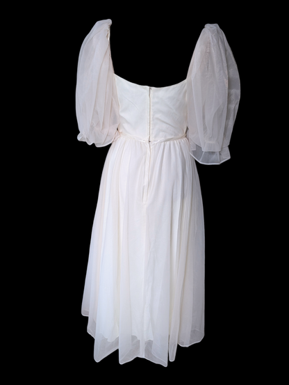 Vintage Chiffon Tea Length Soft White Wedding Dress with Puff Sleeves and Satin Ribbon