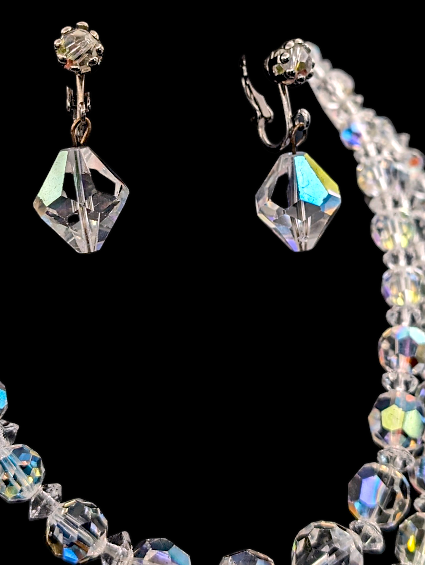 1950s 3 Piece Aurora Borealis Crystal 4 Strand Necklace, Earrings and Bracelet Set
