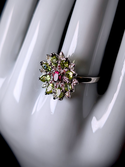 Vintage Flower Cluster Genuine Peridot, Pink Tourmaline and White Topaz Sterling Silver Statement Ring