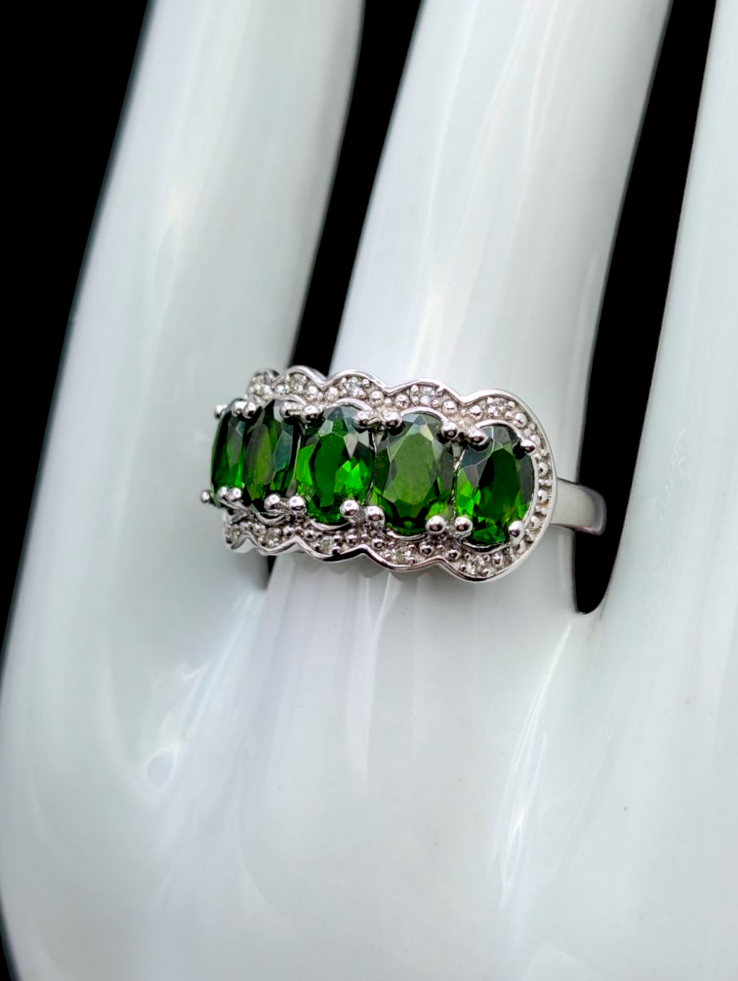 Vintage Half Eternity Band Earth Mined Genuine Chrome Diopside and White Topaz Accented Sterling Silver Ring