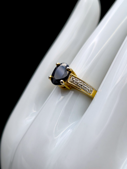 Vintage Oval Solitaire Earth Mined Genuine Blue Sapphire and Diamond Accent Gold over Sterling Silver Ring