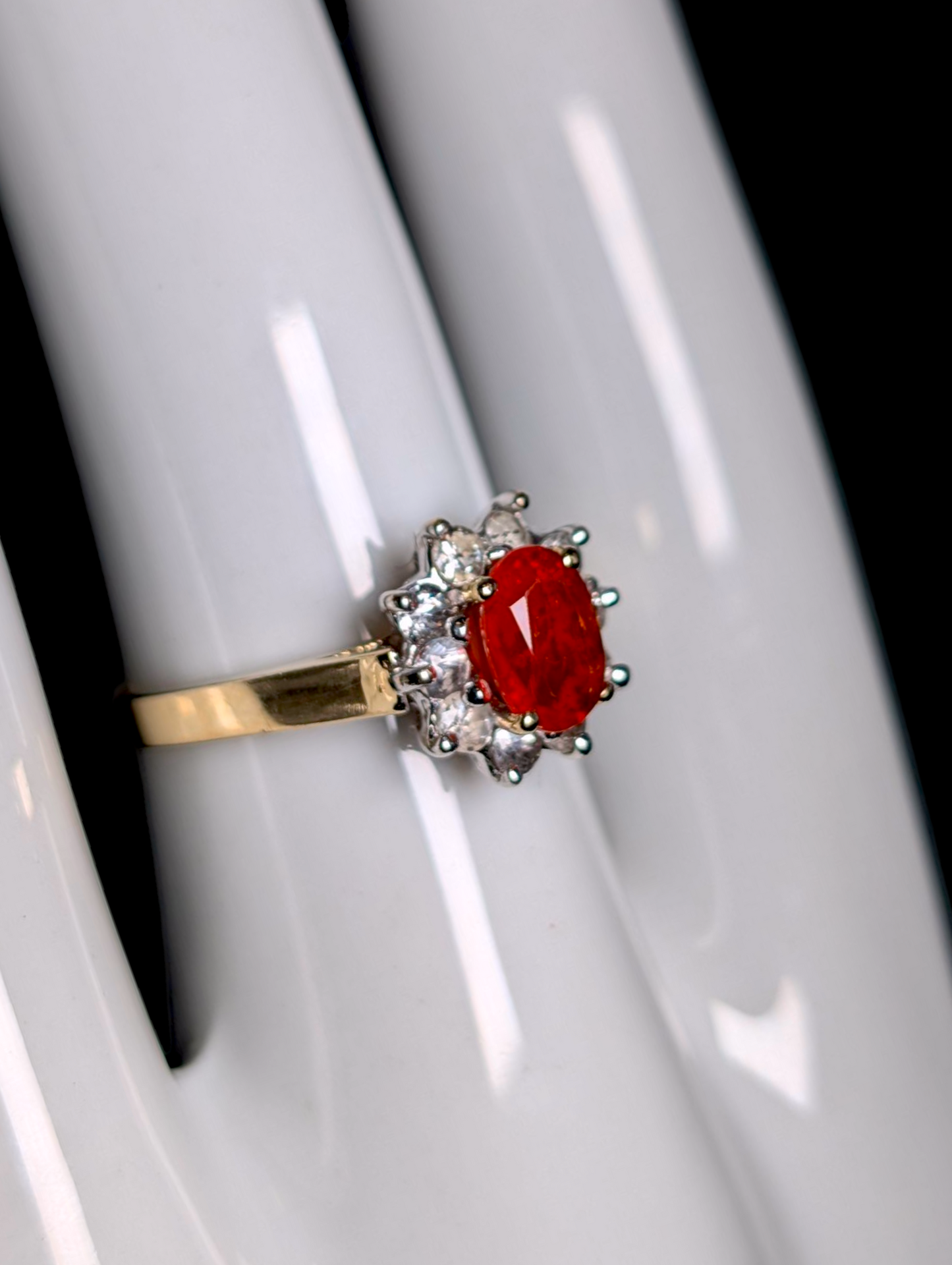 Vintage 14K Gold Genuine Cherry Fire Opal Solitaire and White Topaz Halo Ring