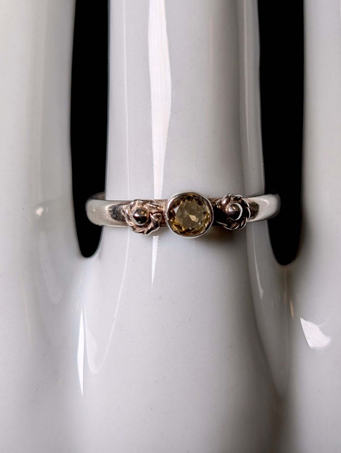 Vintage Dainty Cabochon Cut Genuine Pale Citrine Bezel Set Solitaire Sterling Silver Stackable Ring