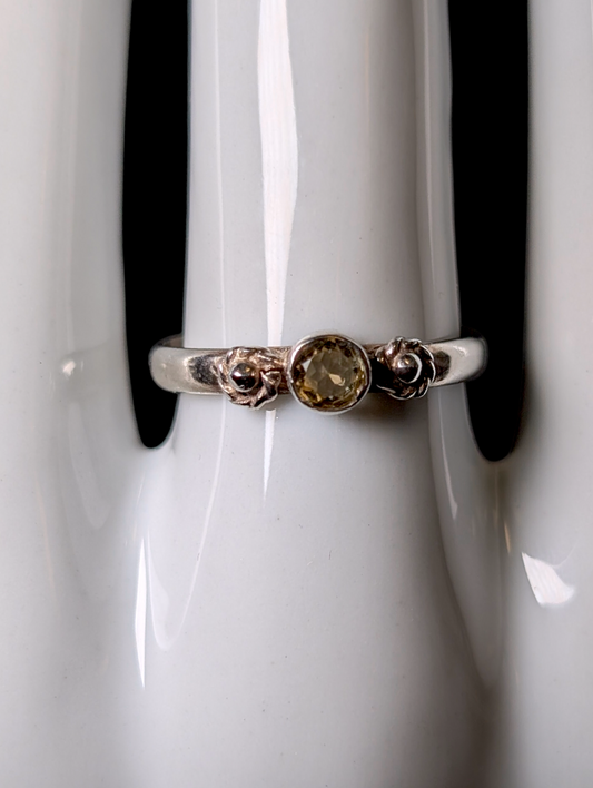 Vintage Dainty Cabochon Cut Genuine Pale Citrine Bezel Set Solitaire Sterling Silver Stackable Ring