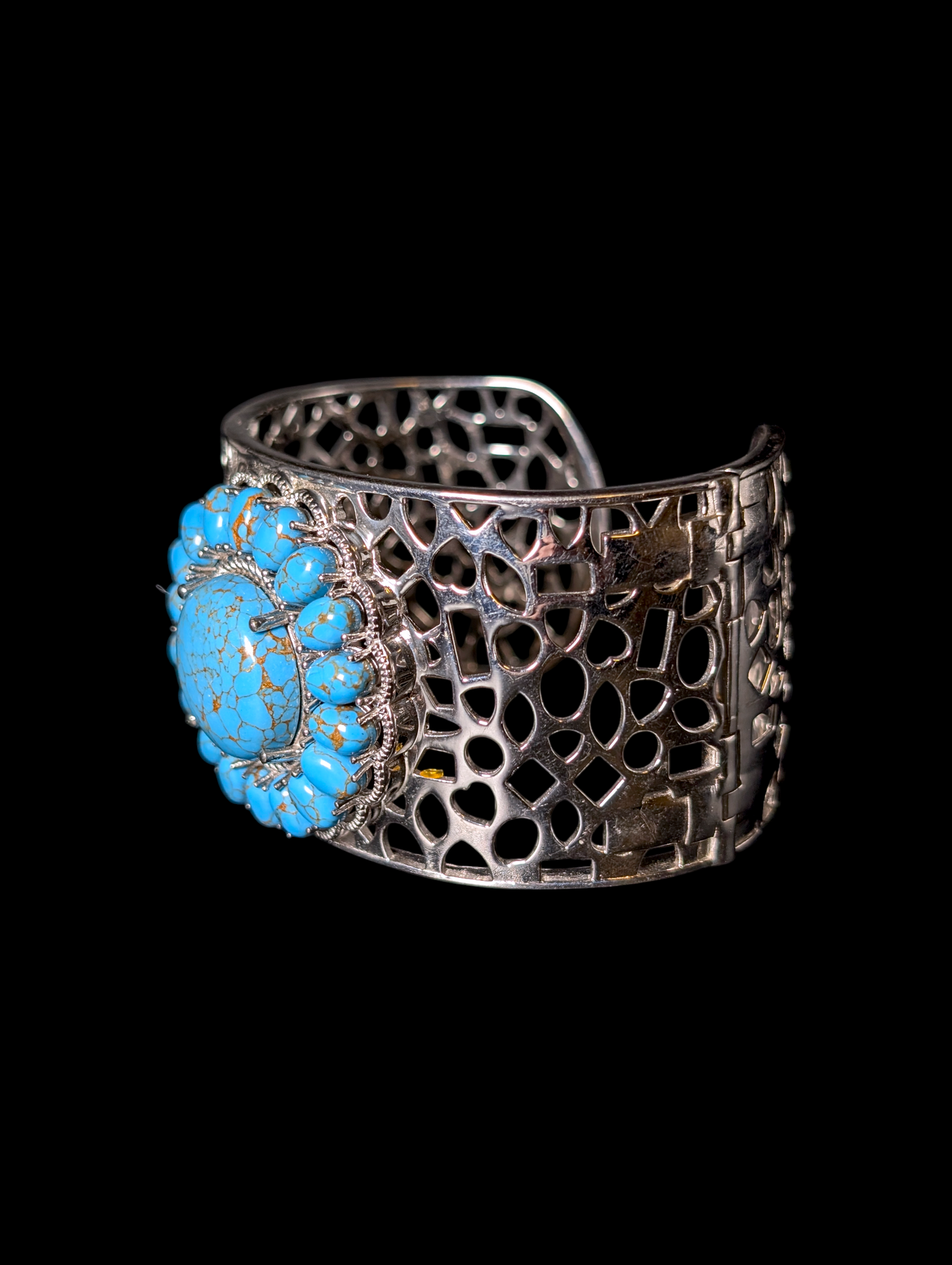 Vintage Karis Southwestern Style Verified Turquoise Hinge Platinum Plated Cuff Bracelet