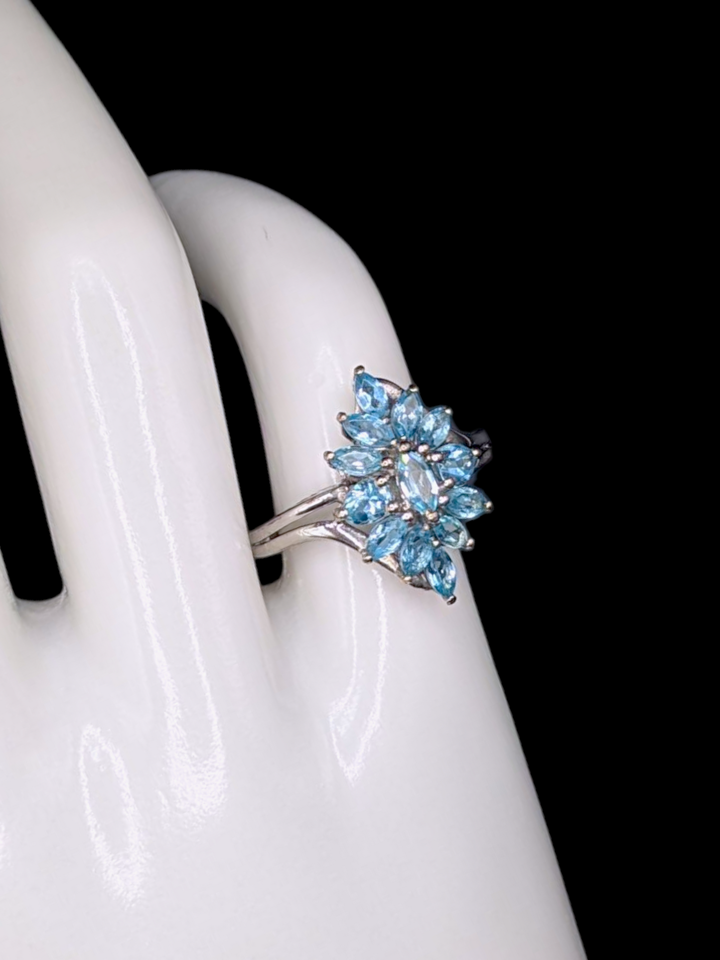 Vintage Marquise Cut Simulated Blue Topaz Flower Sterling Silver Crossover Statement Ring