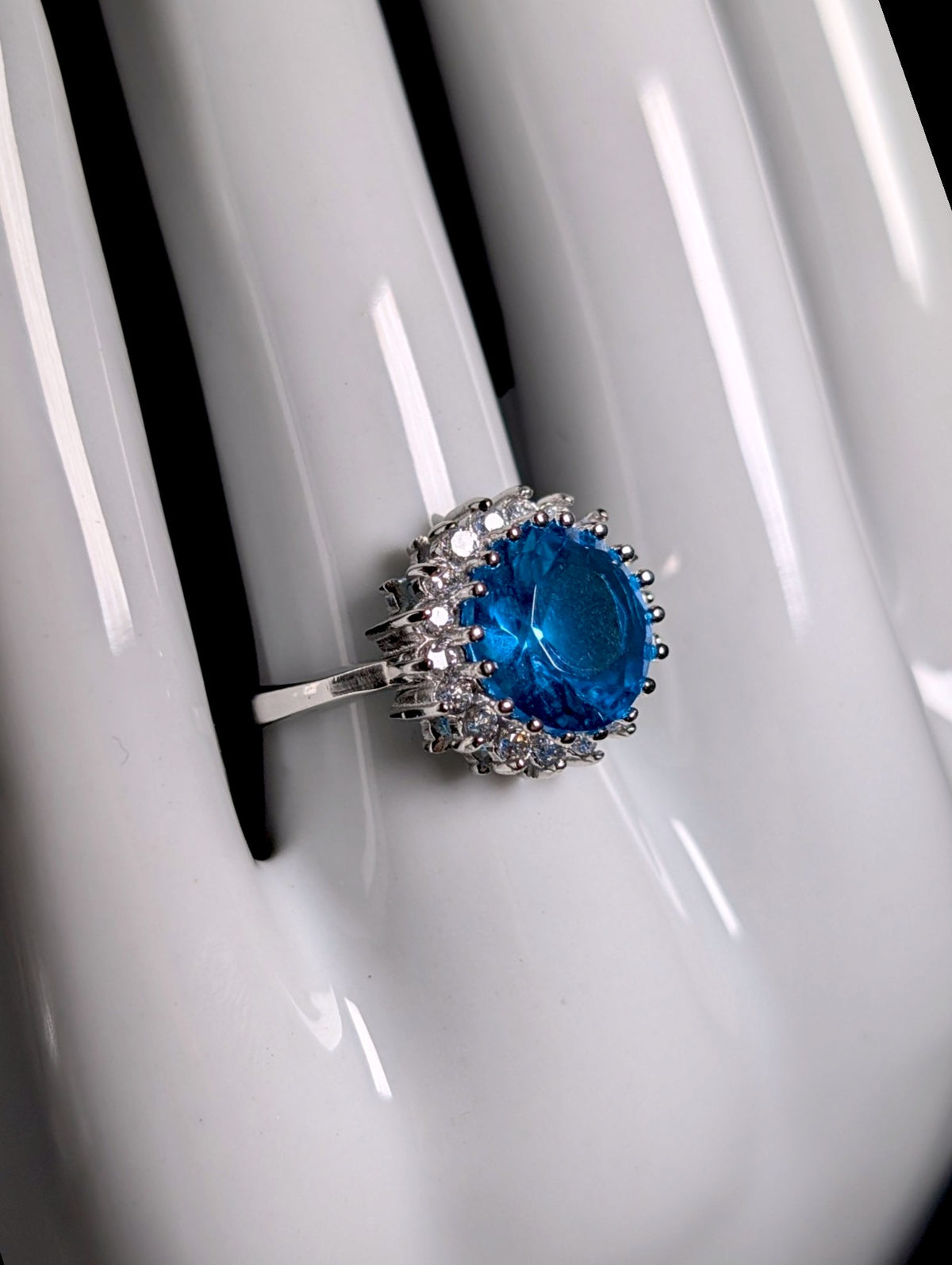 Vintage Inspired Round Cut Simulated Topaz Solitaire and Diamond Halo Sterling Silver Ring