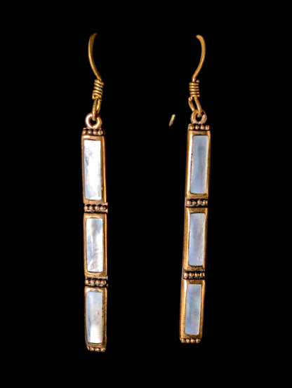 Vintage Genuine Mother of Pearl Dangle 10k Gold Rectangular Bar Earrings