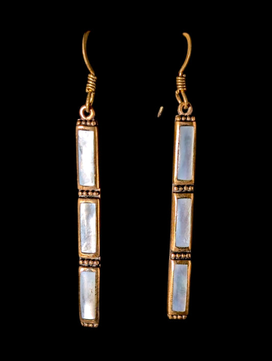 Vintage Genuine Mother of Pearl Dangle 10k Gold Rectangular Bar Earrings