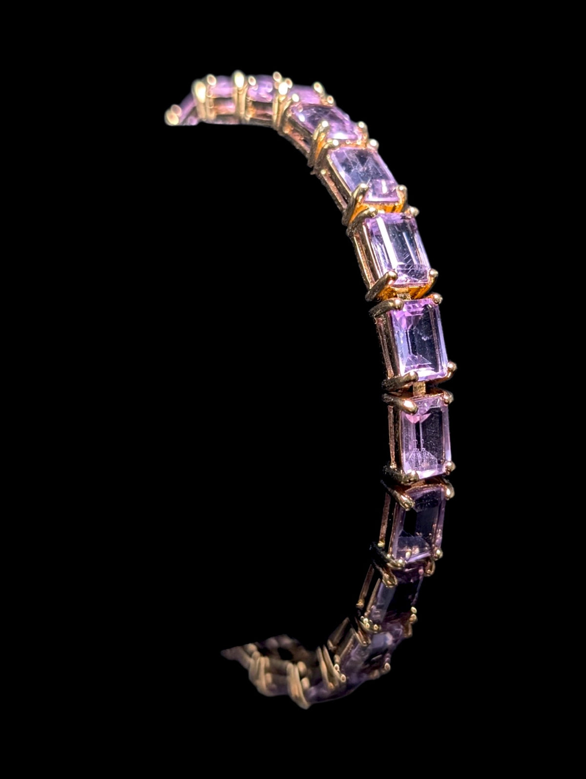 Vintage 22+ Carat Emerald Cut Simulated Purple Amethyst Gold over Sterling Tennis Bracelet