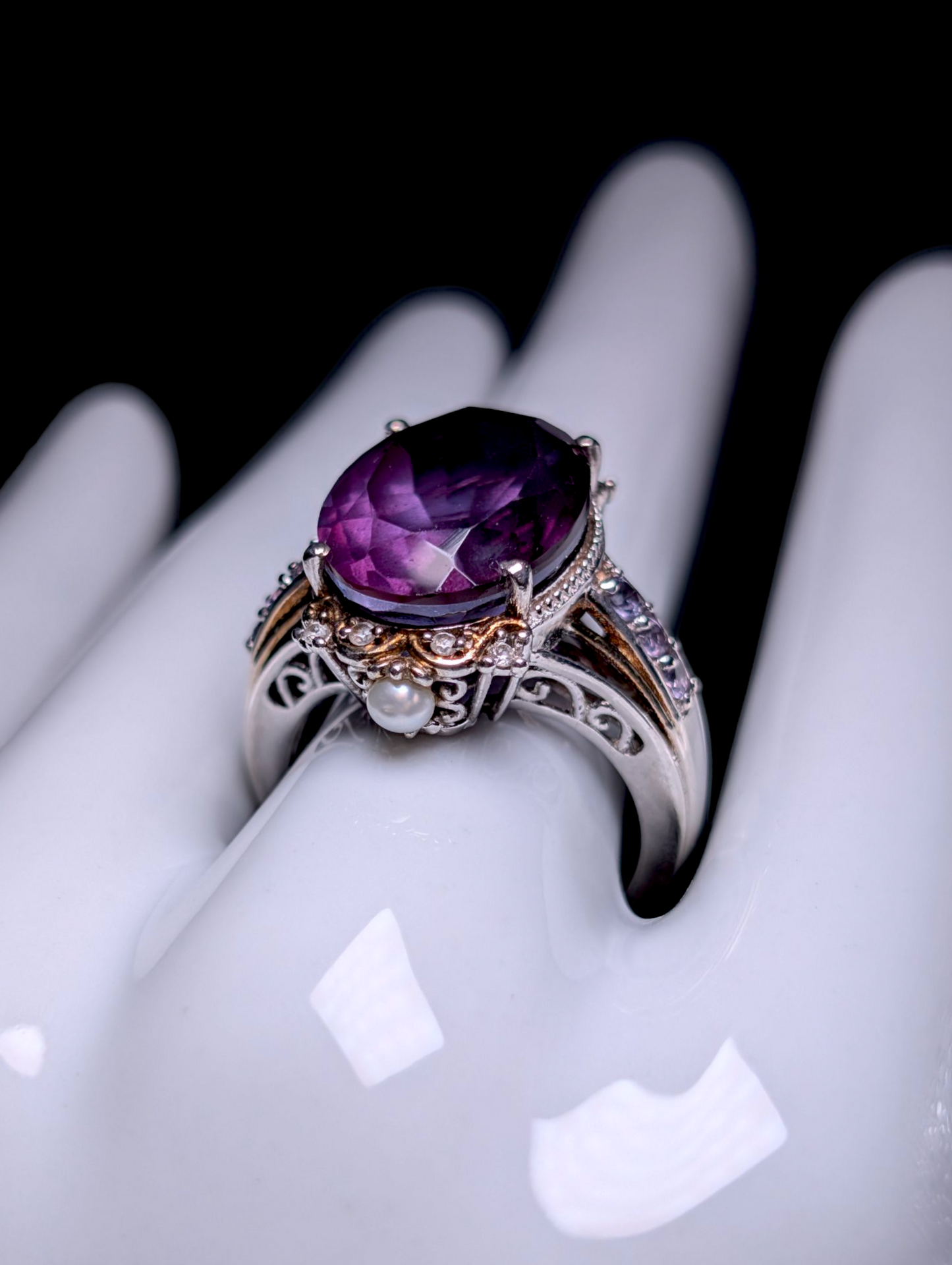 Vintage 12+ Carat Prong Set Oval Genuine Grape Amethyst Solitaire with White Zircon and Cultured Pearl Accent 18k Yellow Gold and Sterling Silver Ring