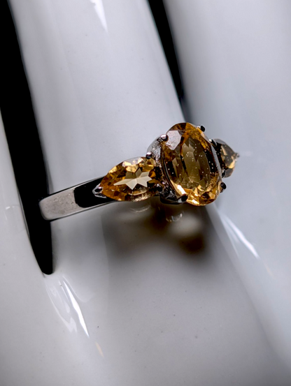 Vintage Three Stone Oval and Pear Cut Genuine Golden Citrine Stainless Steel Silver Ring