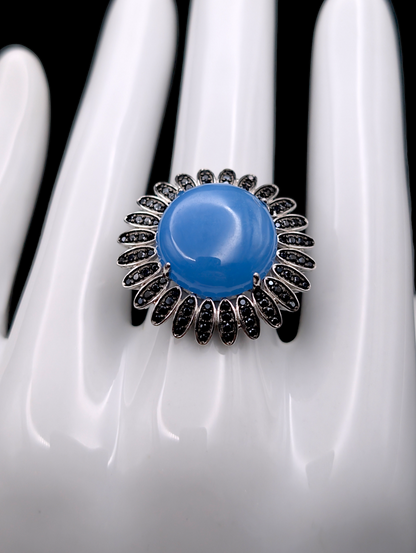 Vintage Inspired Blue Jadeite Cabochon Gumdrop Flower with Black Onyx Petals Sterling Silver Ring