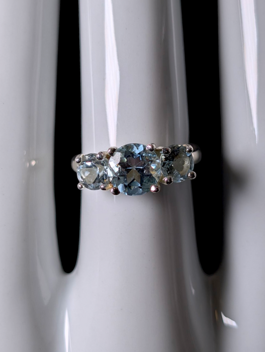 Vintage Round Cut Three Stone Genuine Swiss and Sky Blue Topaz Sterling Silver Ring