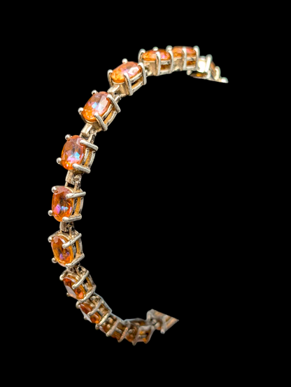 Vintage 14+ Carat Oval Cut Orange Genuine Mexican Fire Opal Pink and Blue Flash Sterling Silver Tennis Bracelet