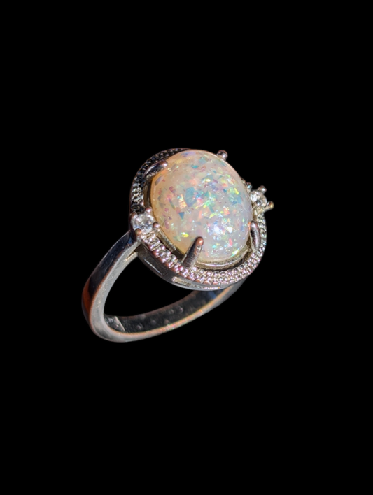 Vintage Statement Simulated Opal Solitaire with Simulated Diamond Halo Silver Toned Costume Cocktail Ring