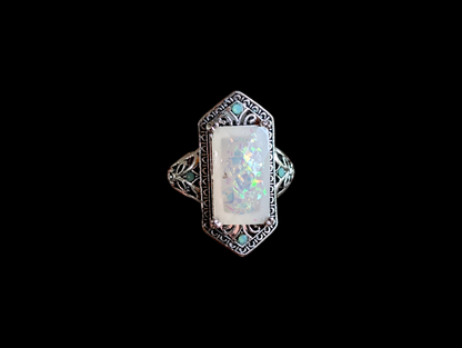 Vintage Art Deco Inspired Simulated Opal and Peridot Silver Pinky Ring