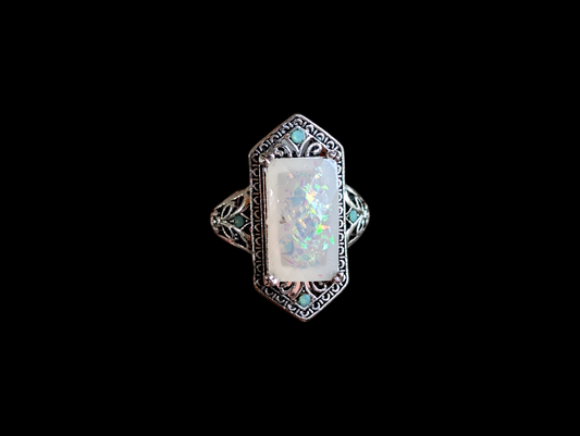 Vintage Art Deco Inspired Simulated Opal and Peridot Silver Pinky Ring