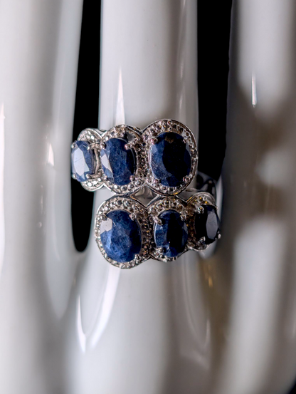 Vintage Graduating Oval Cut Earth Mined Genuine Blue Sapphire with Diamond Accent Stones Sterling Silver Wrap Ring