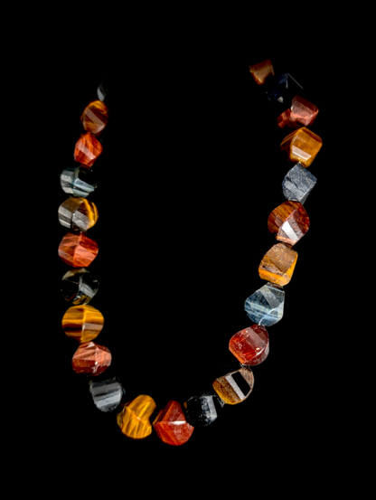 Vintage Designer "Mine Finds" Chunky Earth Mined Genuine Blue Hawk Eye and Tiger's Eye Polished Beaded Sterling Silver Necklace