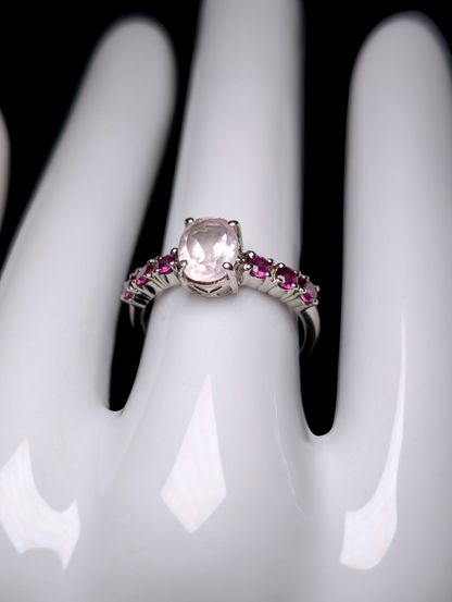 Vintage Oval Cut Genuine Rose Quartz Solitaire with Pink Tourmaline Accent Stones Sterling Silver Ring