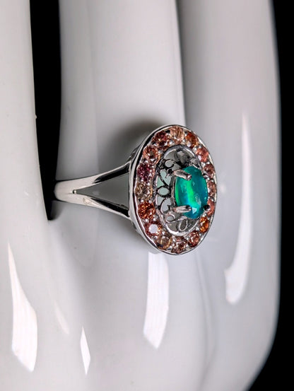 Vintage Genuine Green Fire Opal and Padparadscha Sapphire Halo Sterling Silver Ring