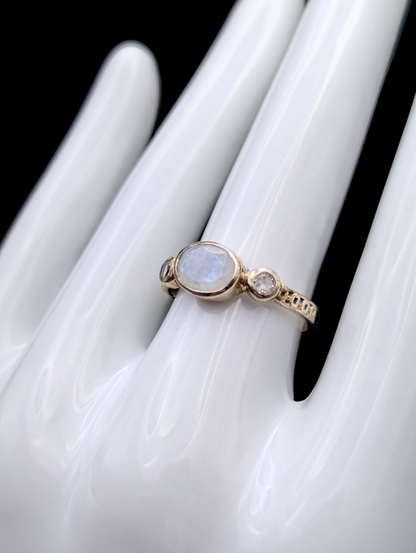 Vintage Genuine Moonstone and White Topaz East West Bezel Set Artisan Sterling Silver Ring