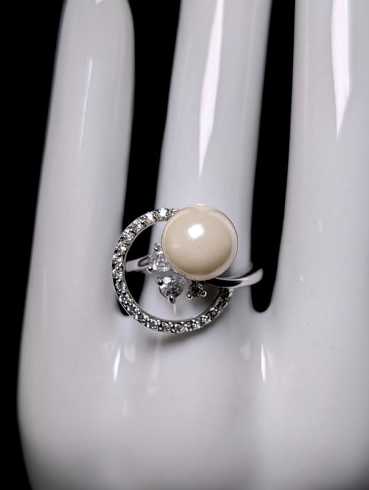 Vintage Simulated Pearl Solitaire and Simulated Diamond Accents Sterling Silver Ring