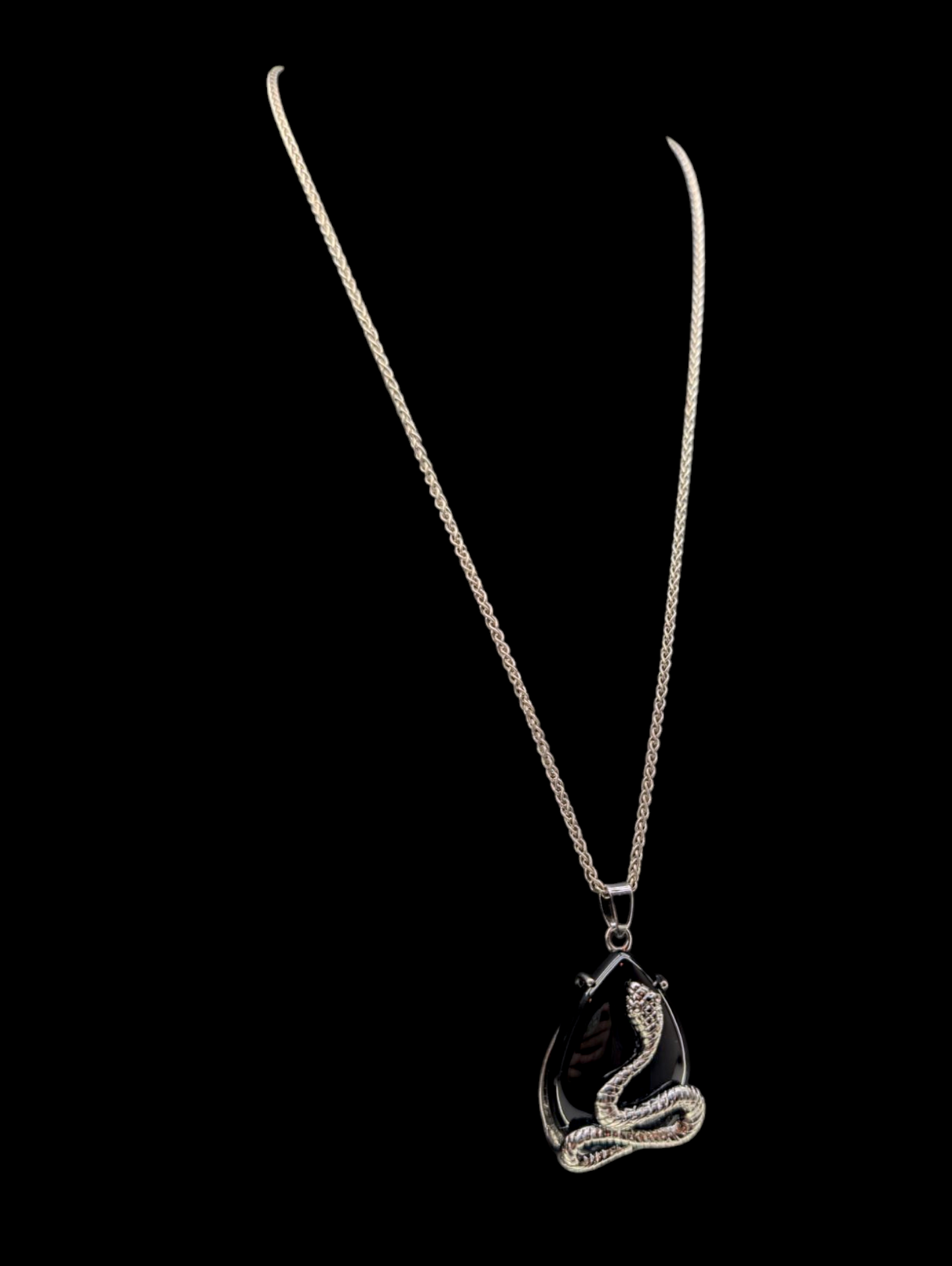 Vintage Inspired Genuine Black Onyx and Silver Snake Teardrop Pendant