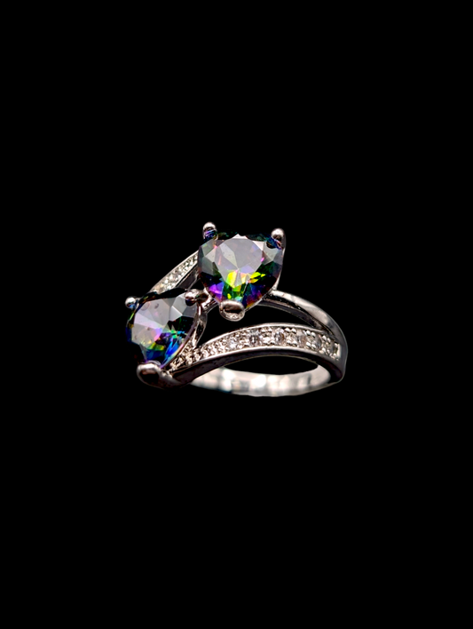 Vintage Simulated Mystic Topaz Hearts and Simulated Diamonds 925 Silver Costume Ring