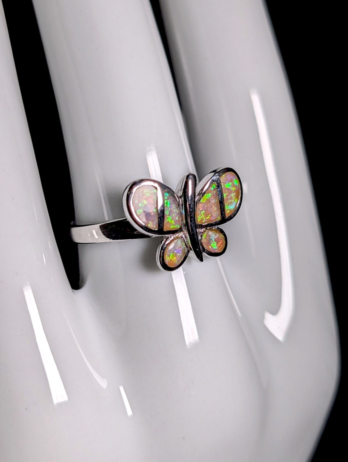 Vintage Genuine Opal Inlay Butterfly White Gold over Sterling Ring