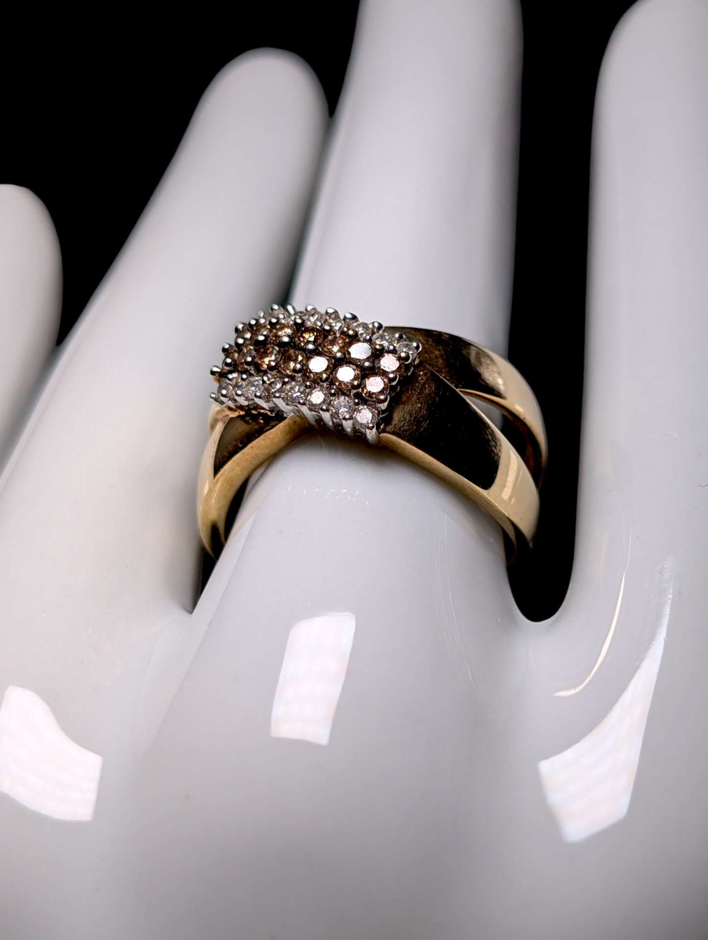 Vintage Designer Heng Ngai 10kt Solid Yellow Gold Genuine White and Chocolate Diamond Cross Over Band Ring