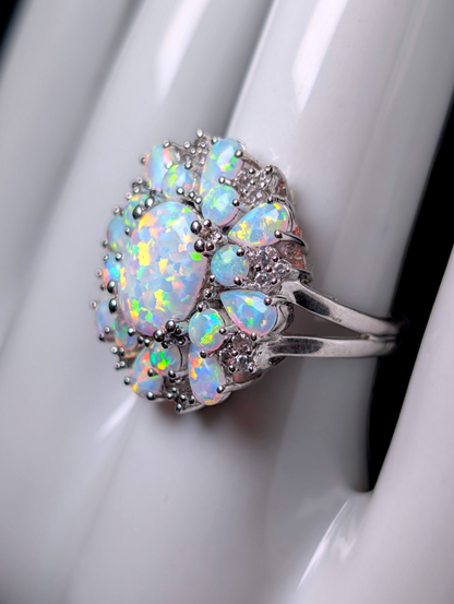Vintage Dazzling Starburst Genuine Opal and White Topaz Sterling Silver Cocktail Cluster Statement Ring
