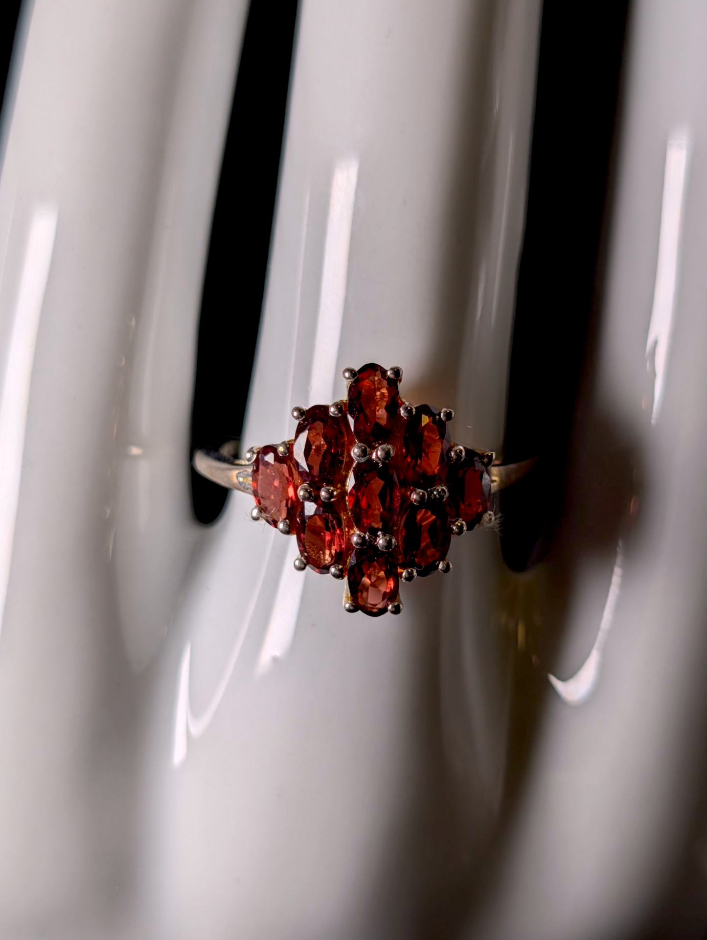 Vintage Oval Cut Cluster Genuine Garnet Sterling Silver Ring