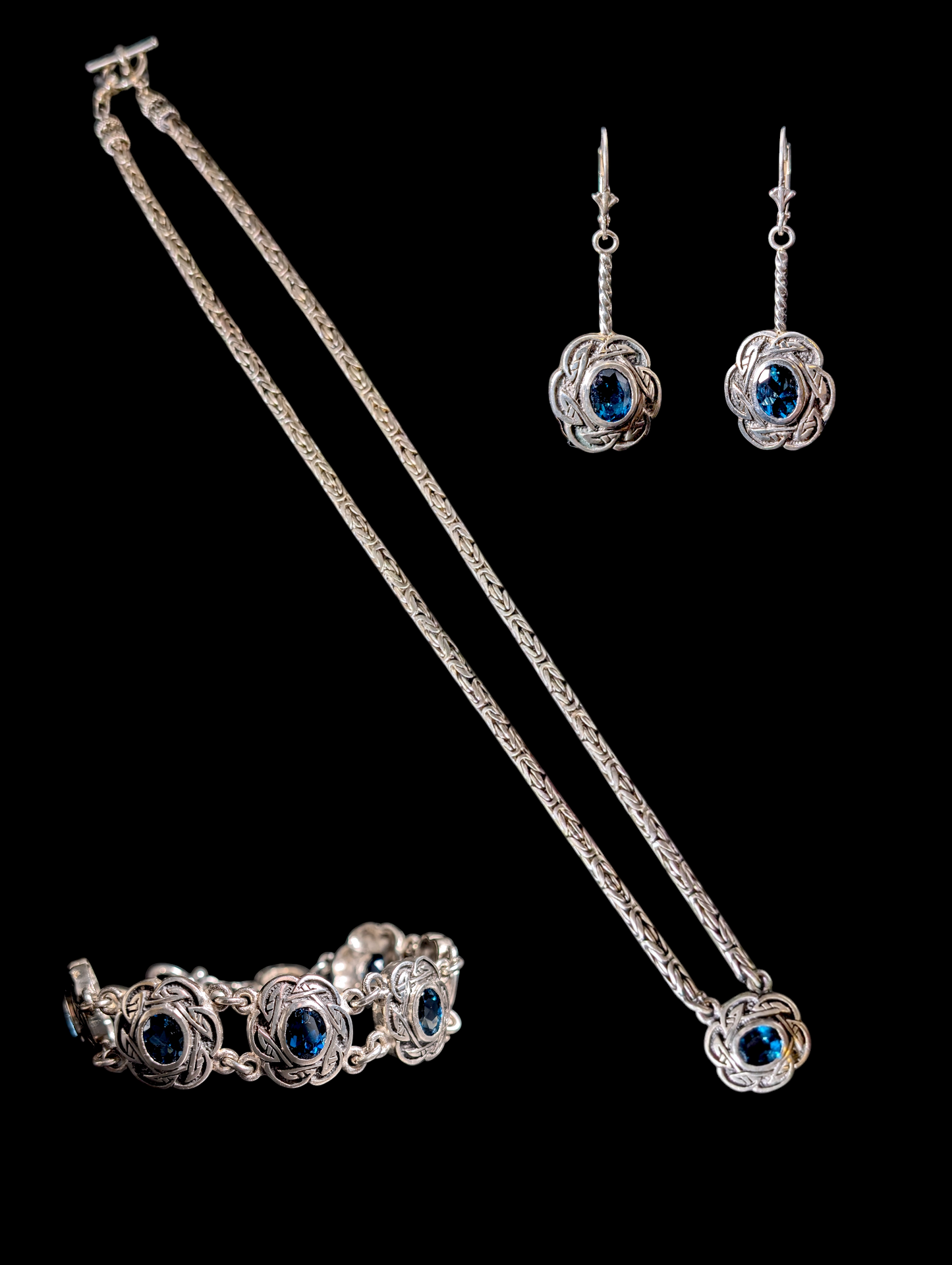 Vintage Rare 3 Piece Designer Shube Dakota West Genuine London Blue Topaz Oxidized 105g Sterling Silver Necklace, Bracelet, and Earrings Set