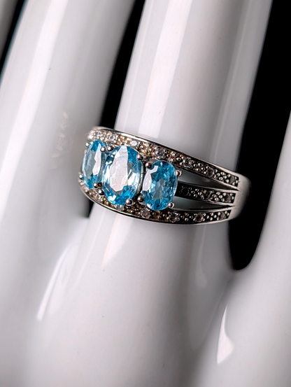 Vintage Oval Cut Three Stone Genuine Swiss Blue and White Topaz Sterling Silver Split Shank Band Ring