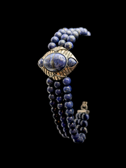 Vintage Genuine Lapis Lazuli Egyptian Inspired Sterling Silver Multi Strand Bracelet