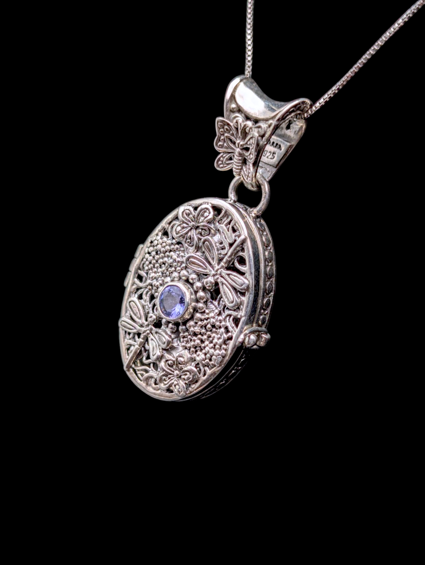 Vintage Earth Mined Genuine Tanzanite Dragonfly and Butterfly Filigree Locket Sterling Silver Pendant