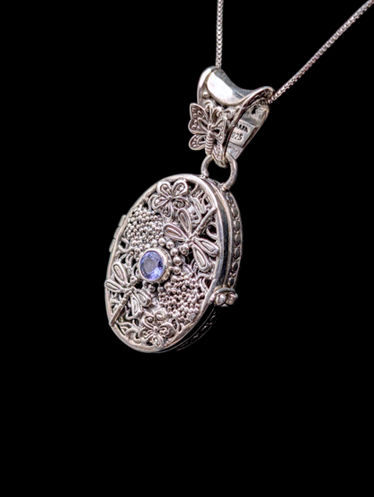Vintage Earth Mined Genuine Tanzanite Dragonfly and Butterfly Filigree Locket Sterling Silver Pendant