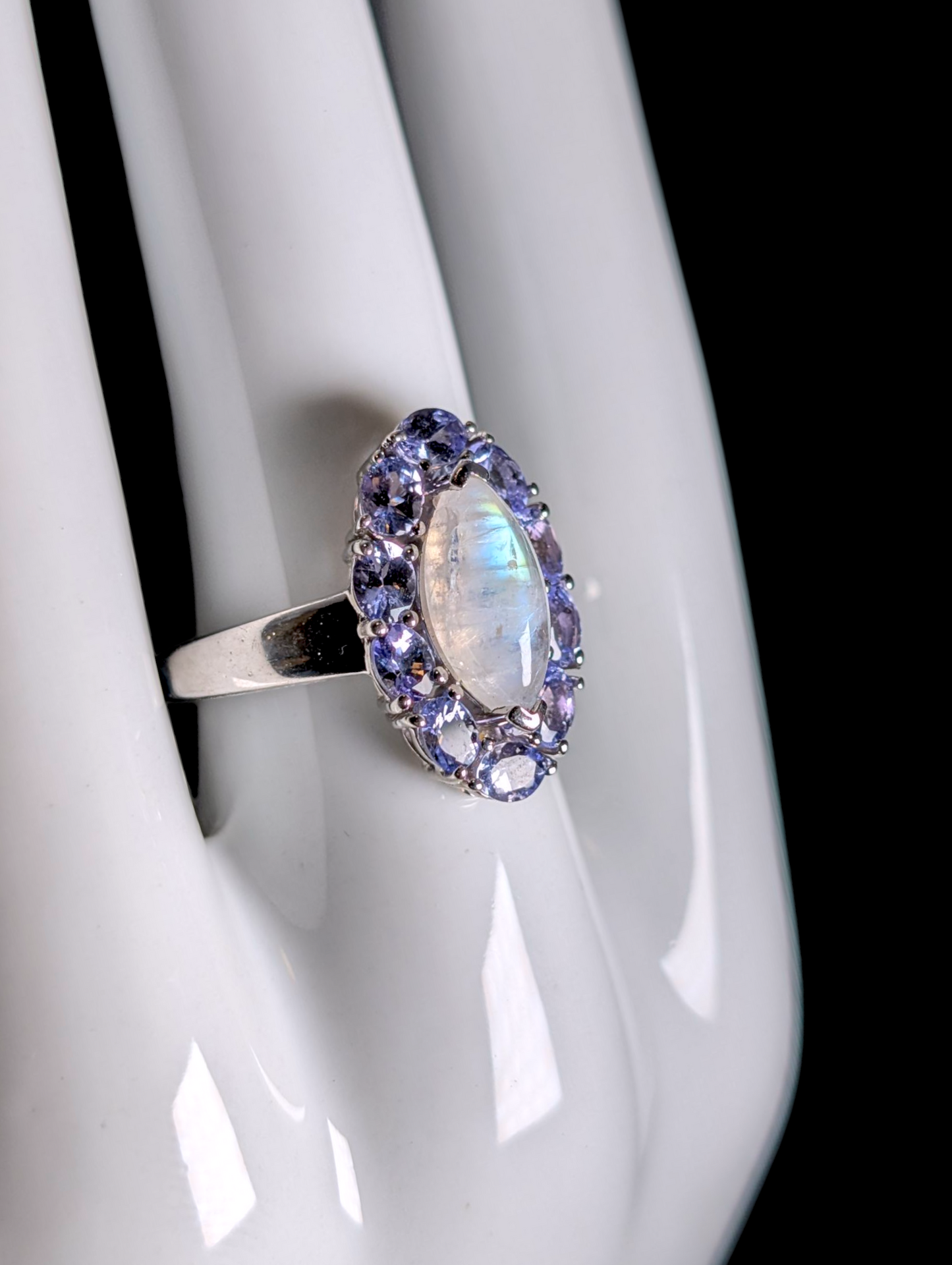 Vintage Mystical Marquise Cabochon Genuine Rainbow Moonstone and Tanzanite Sterling Silver Ring