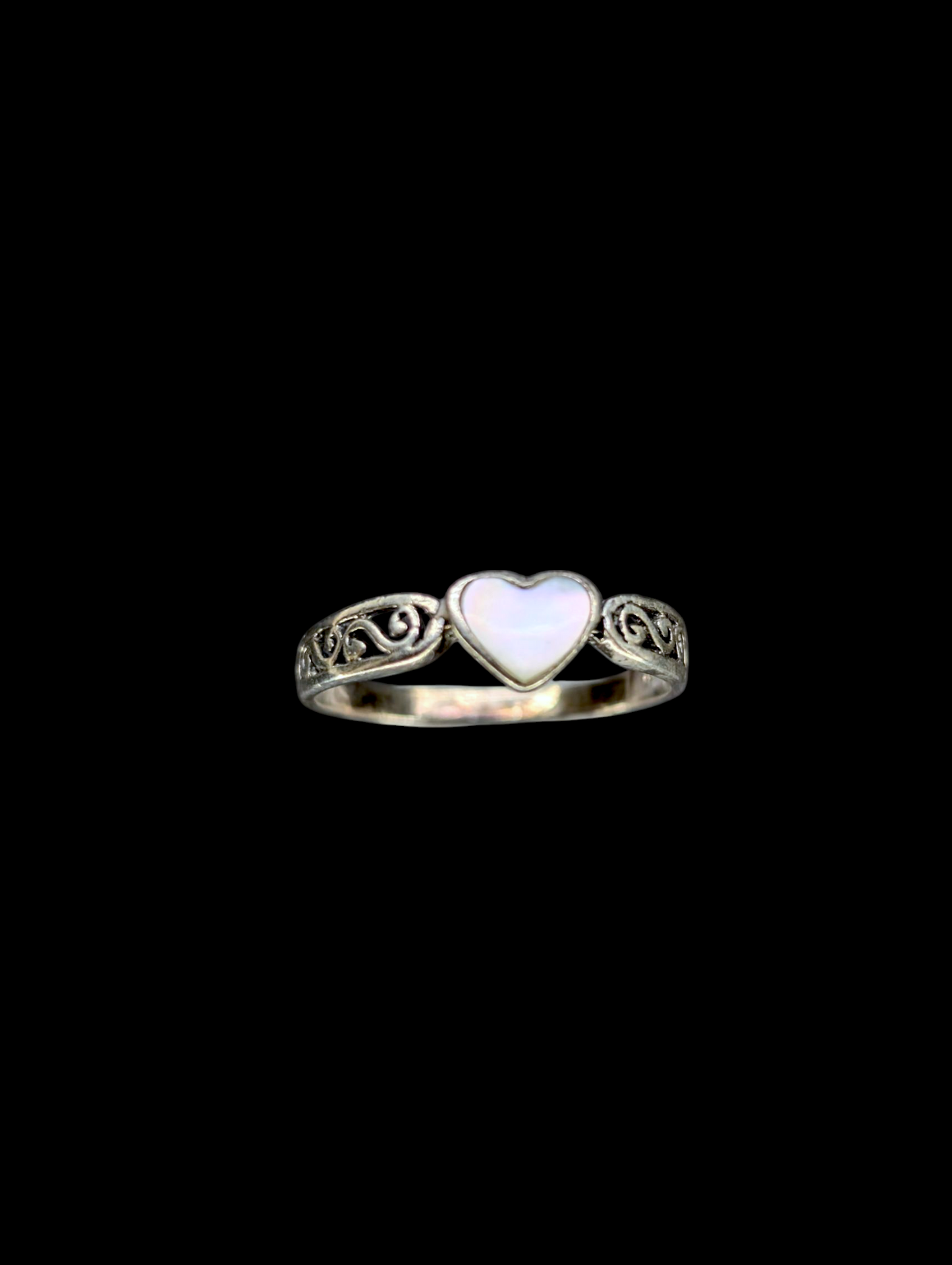Vintage Heart Filigree Genuine Mother of Pearl Sterling Silver Ring