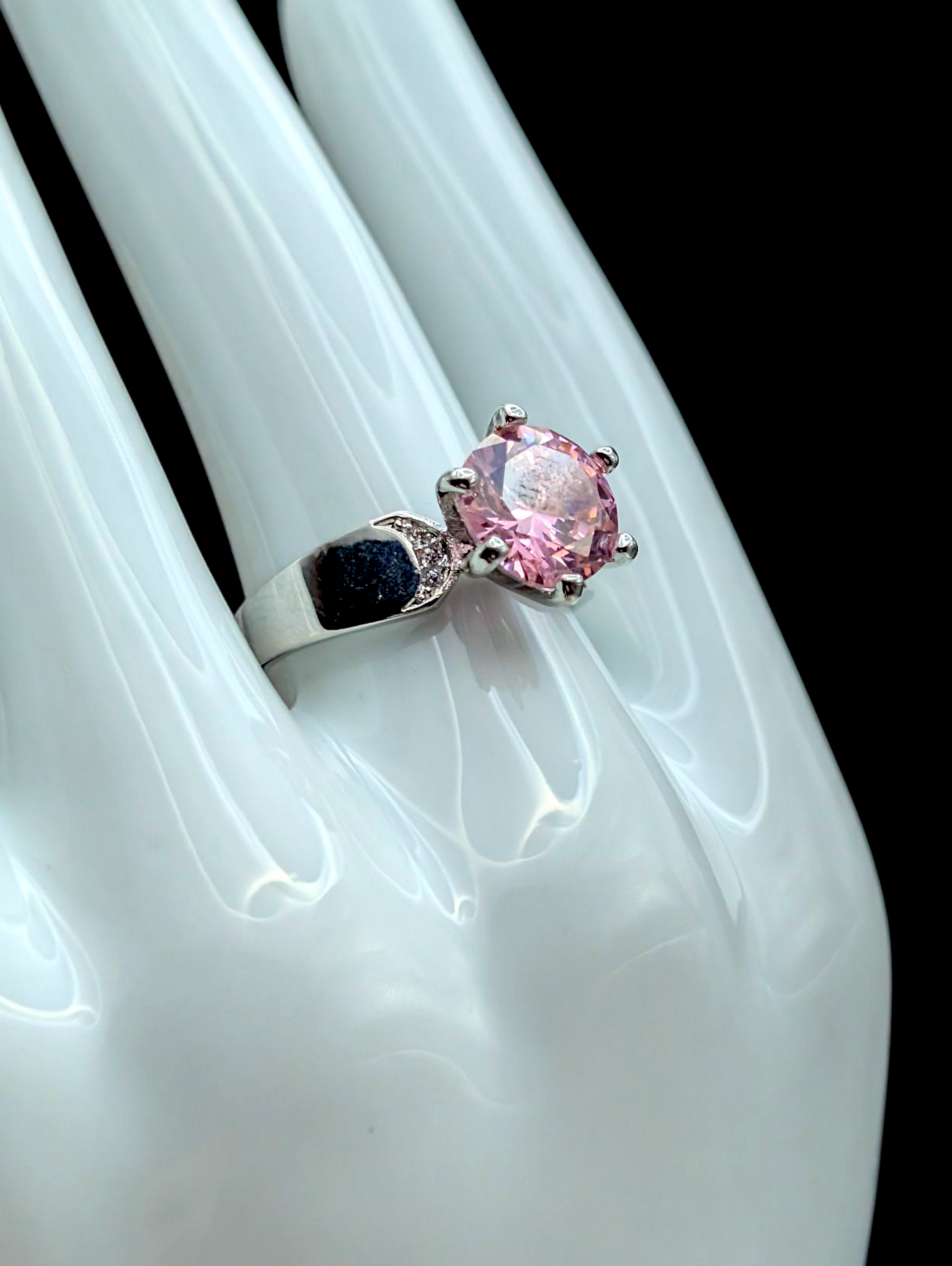 Vintage Large Solitaire Brilliant Round Cut Simulated Pink Sapphire Silver Toned Statement Cocktail Ring