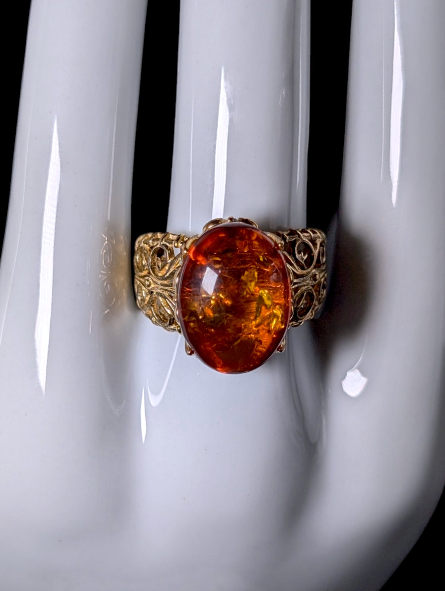 Vintage Genuine Amber Solitaire Gold over Sterling Filigree Ring